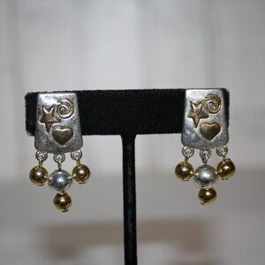 Retro Silver and gold LCi clip on dangle earrings 1.5"